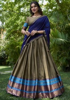 Chiku Embroidered Cotton Lehenga Set With Dupatta