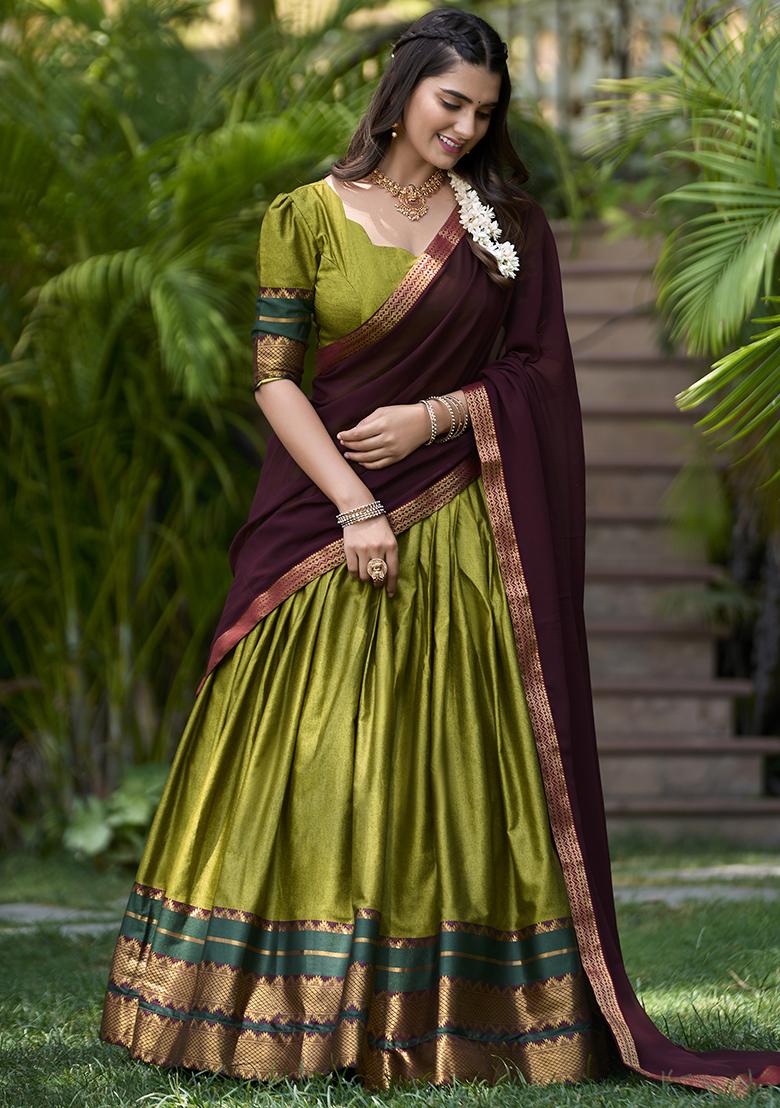 Green Embroidered Cotton Lehenga Set With Dupatta