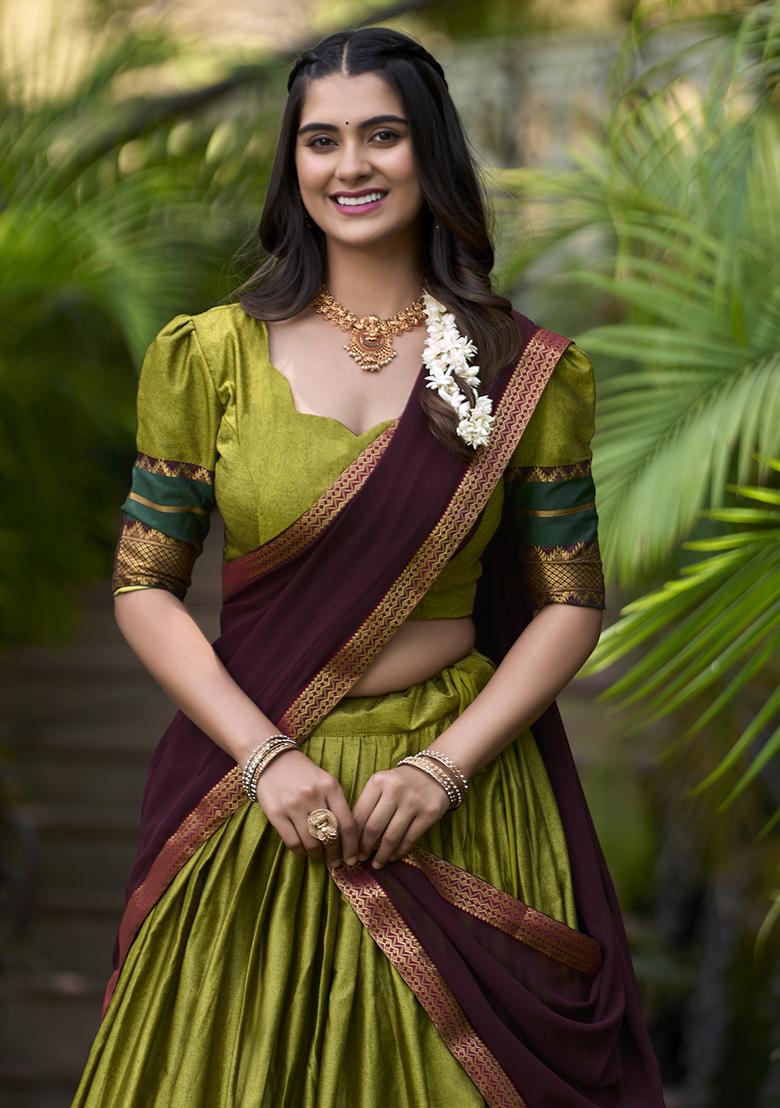 Green Embroidered Cotton Lehenga Set With Dupatta