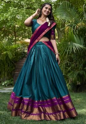 Teal Embroidered Cotton Lehenga Set With Dupatta