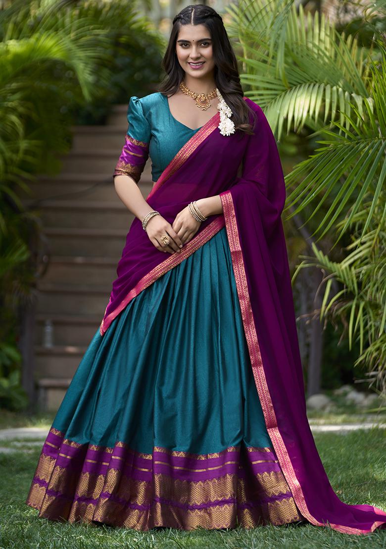 Teal Embroidered Cotton Lehenga Set With Dupatta