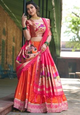Orange Embroidered Silk Lehenga Set With Dupatta