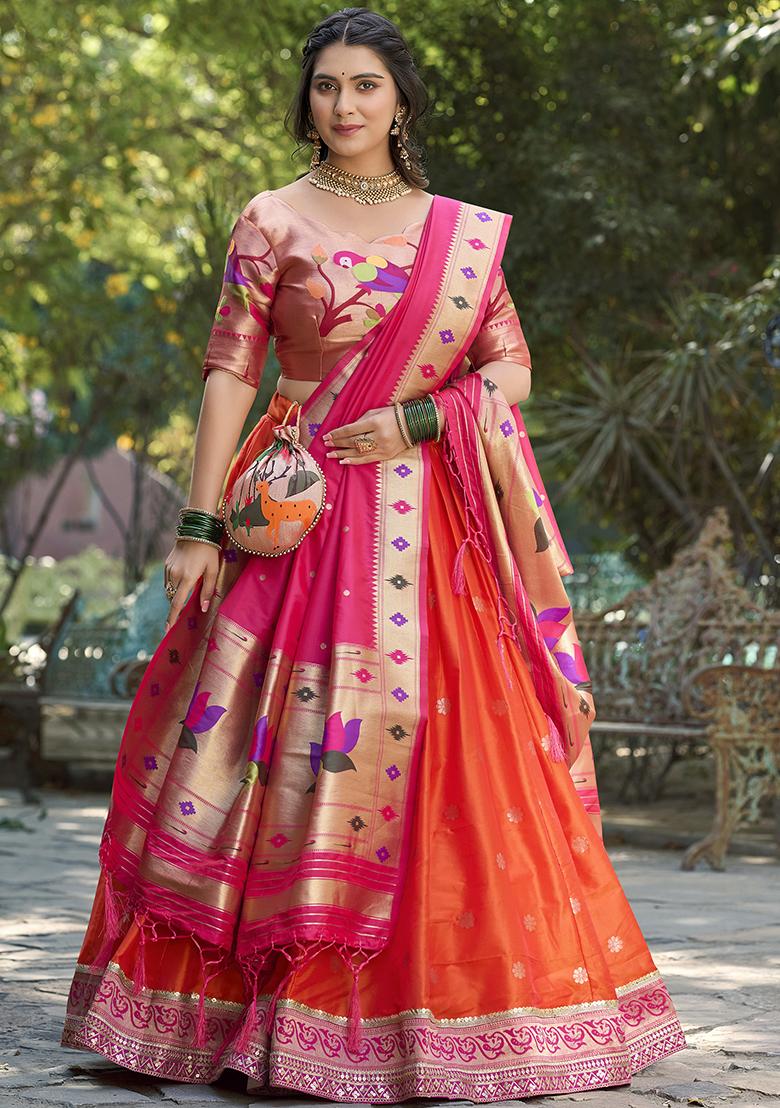 Orange Embroidered Silk Lehenga Set With Dupatta