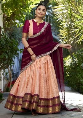 Peach Embroidered Zari Lehenga Set With Dupatta