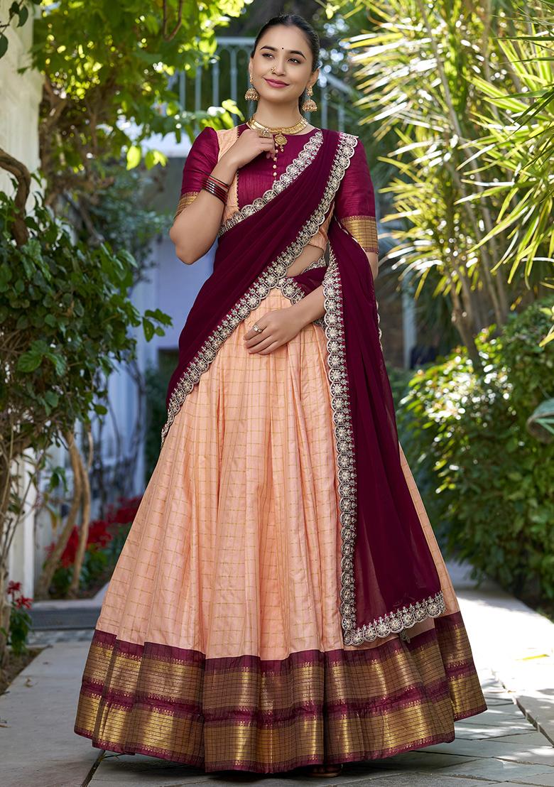 Peach Embroidered Zari Lehenga Set With Dupatta