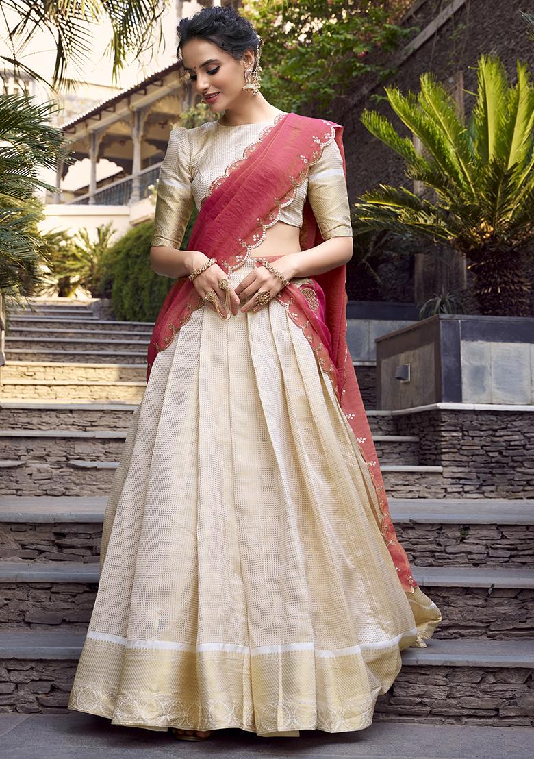 White Embroidered Jacquard Lehenga Set With Dupatta
