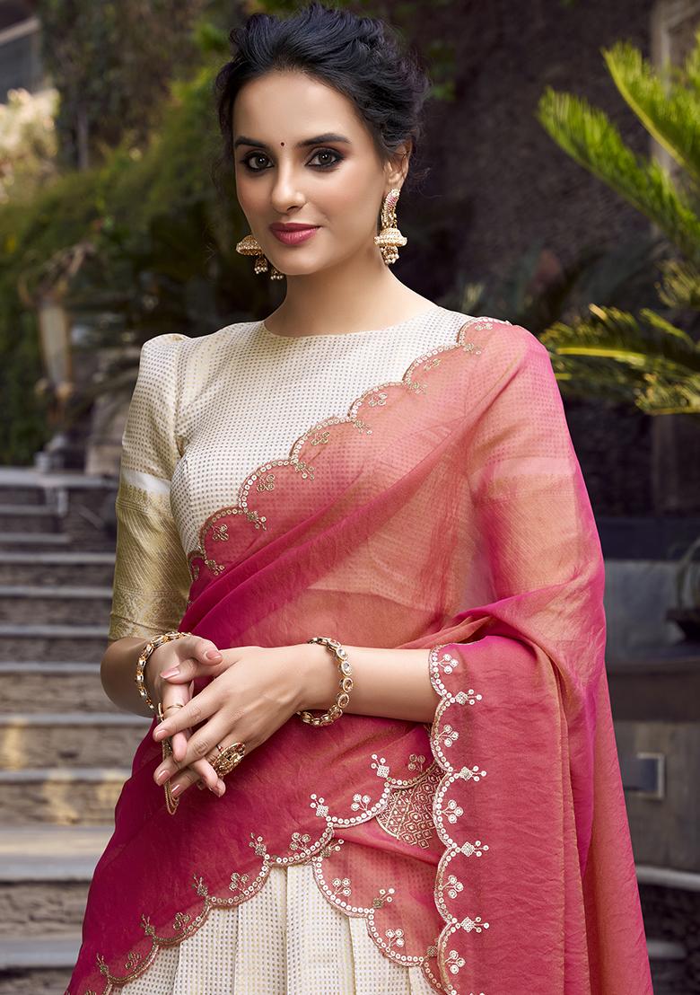 White Embroidered Jacquard Lehenga Set With Dupatta