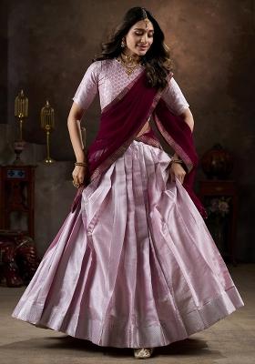 Pink Embroidered Silk Lehenga Set With Dupatta