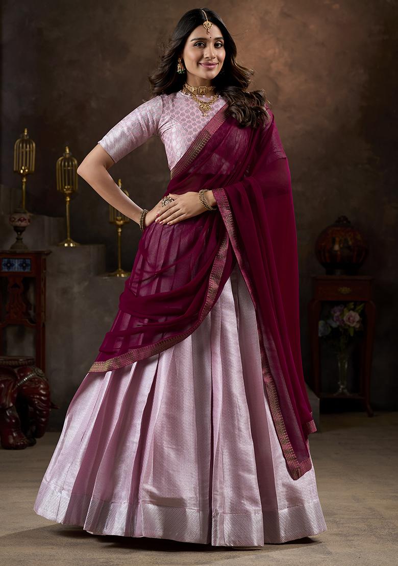 Pink Embroidered Silk Lehenga Set With Dupatta