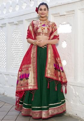 Green Embroidered Silk Lehenga Set With Dupatta