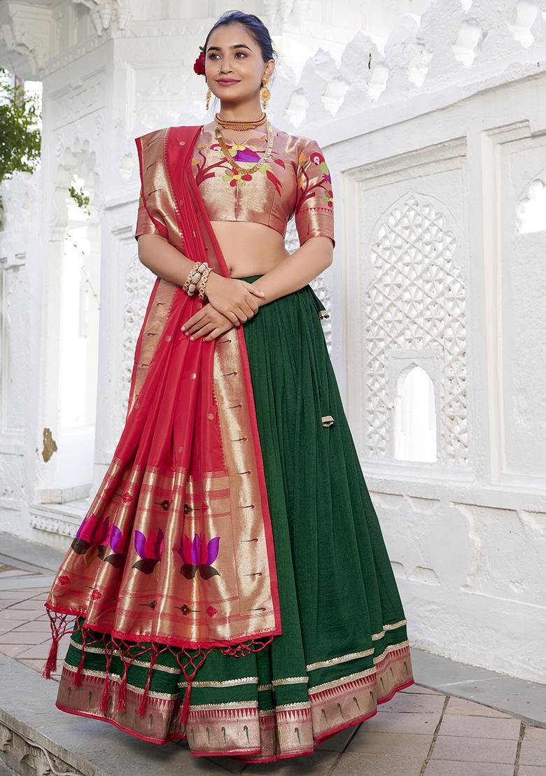 Green Embroidered Silk Lehenga Set With Dupatta