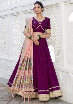 Wine Embroidered Silk Lehenga Set With Dupatta