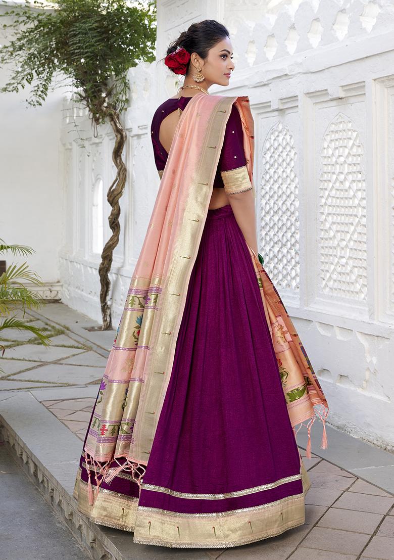 Wine Embroidered Silk Lehenga Set With Dupatta