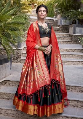 Black Embroidered Silk Lehenga Set With Dupatta