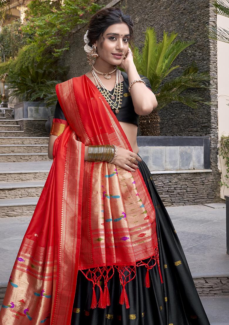 Black Embroidered Silk Lehenga Set With Dupatta