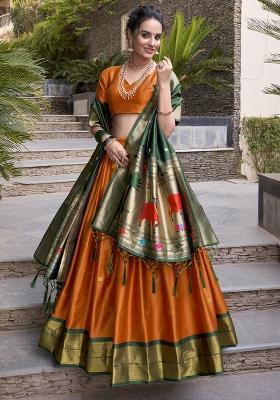 Orange Embroidered Silk Lehenga Set With Dupatta