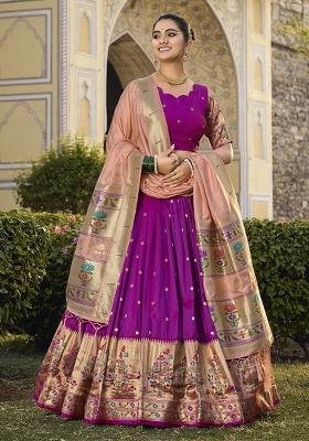 Purple Embroidered Silk Lehenga Set With Dupatta