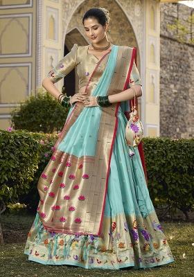 Blue Embroidered Silk Lehenga Set With Dupatta