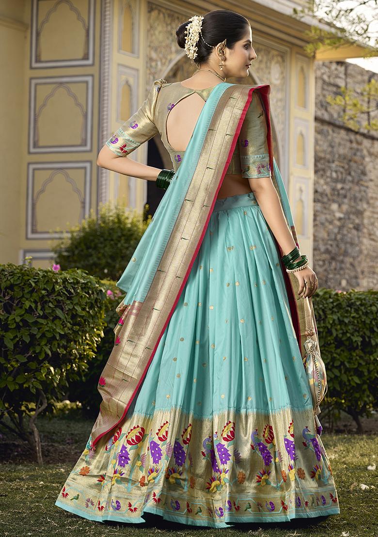 Blue Embroidered Silk Lehenga Set With Dupatta