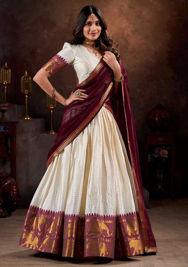 White Embroidered Cotton Lehenga Set With Dupatta for Diwali and Festive Wear - Indya
