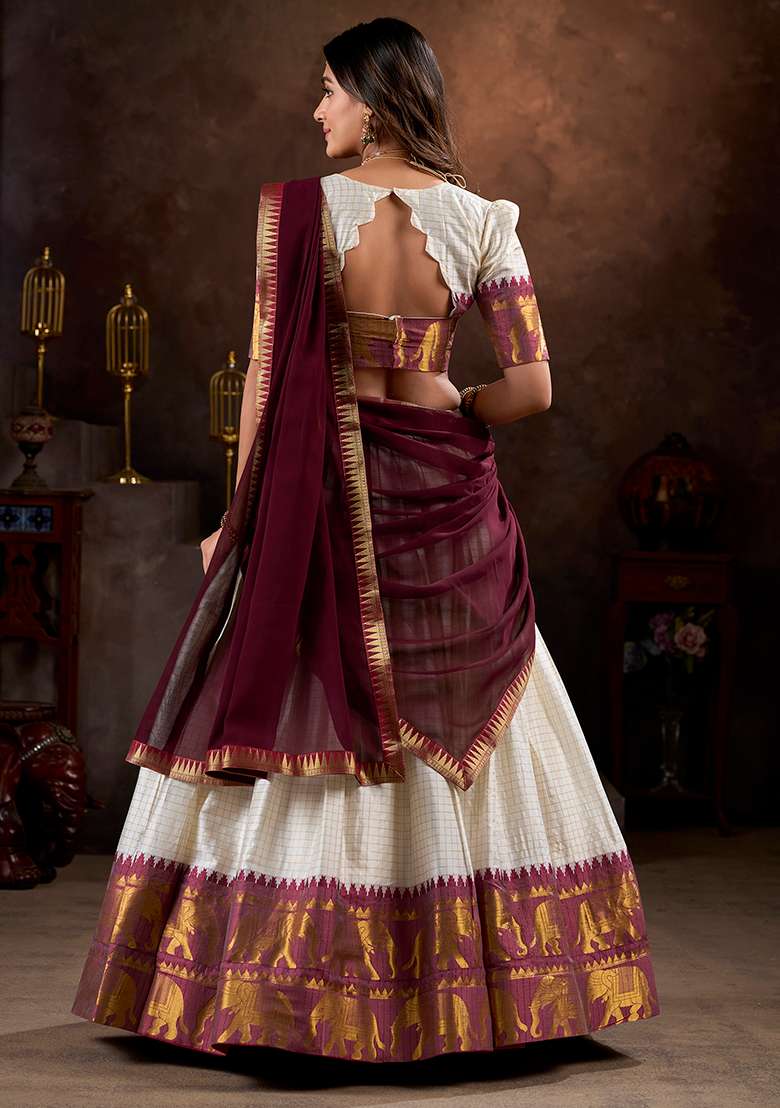 White Embroidered Cotton Lehenga Set With Dupatta for Diwali and Festive Wear - Indya