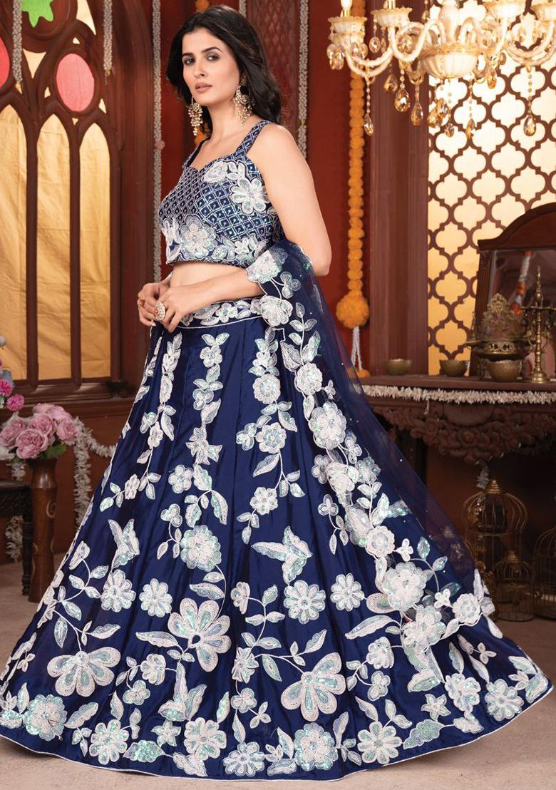 Blue Embroidererd Silk Lehenga Set With Dupatta