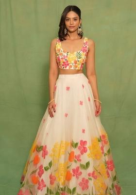 Multicolor Floral Print Silk Lehenga Set With Dupatta