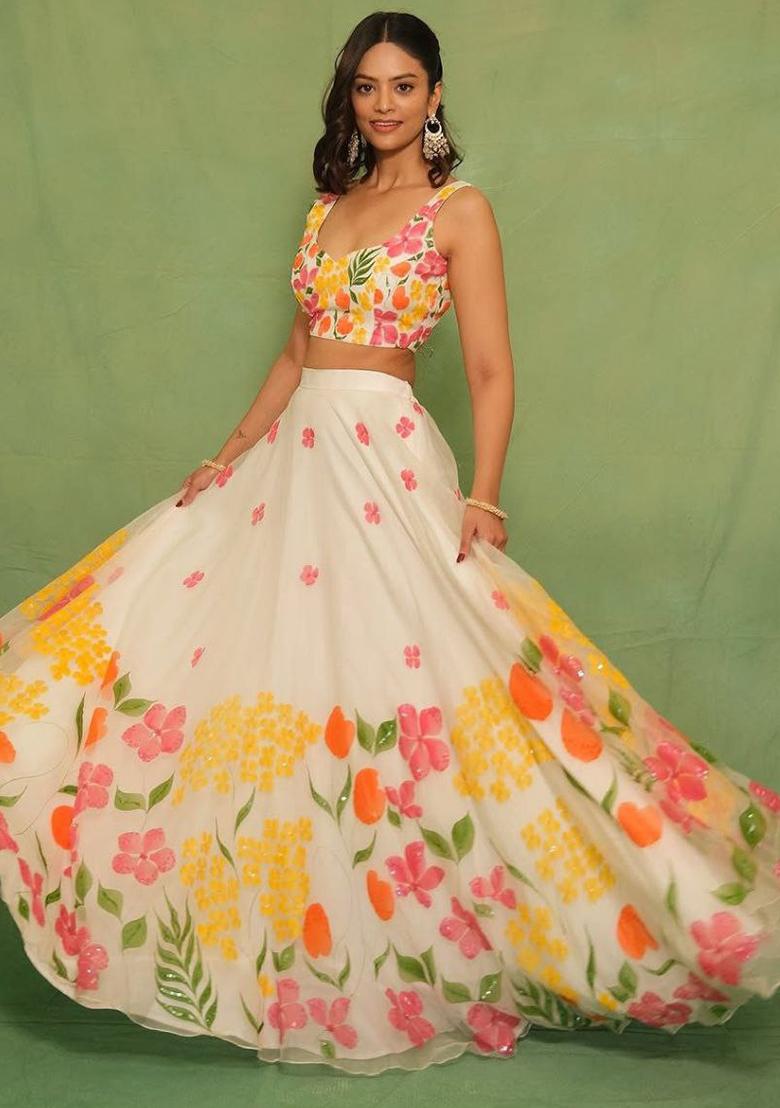 Multicolor Floral Print Silk Lehenga Set With Dupatta