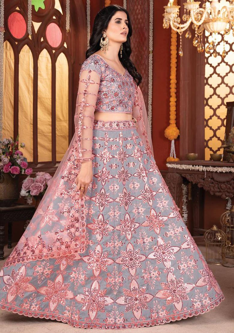 Pink Grey Embroidererd Silk Lehenga Set With Dupatta