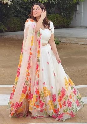 White Floral Print Silk Lehenga Set With Dupatta