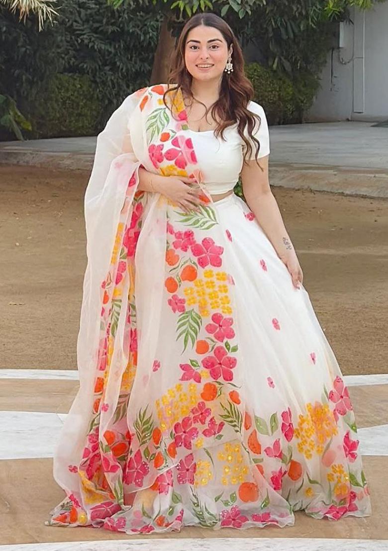 White Floral Print Silk Lehenga Set With Dupatta
