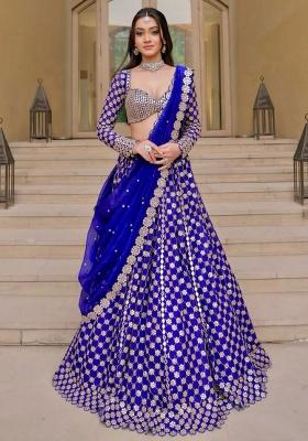 Blue Embroidererd Silk Lehenga Set With Dupatta