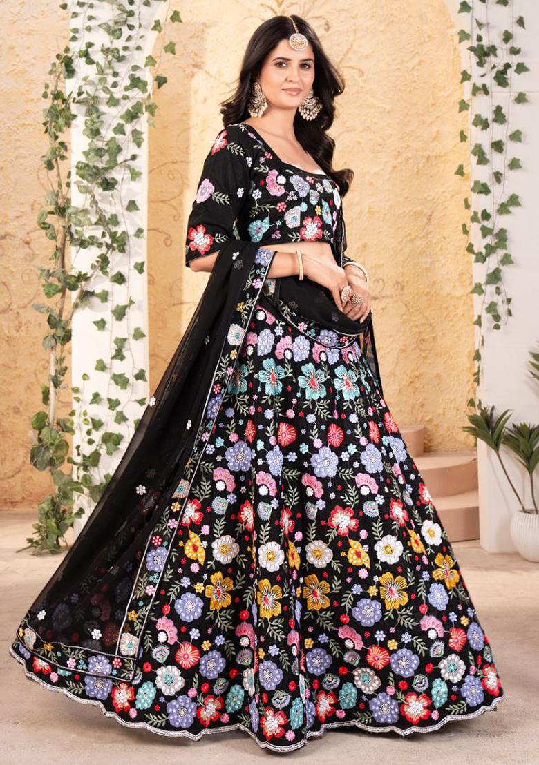 Black Embroidererd Georgette Lehenga Set With Dupatta