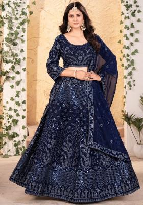 Blue Embroidererd Georgette Lehenga Set With Dupatta