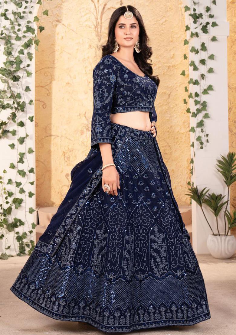 Blue Embroidererd Georgette Lehenga Set With Dupatta