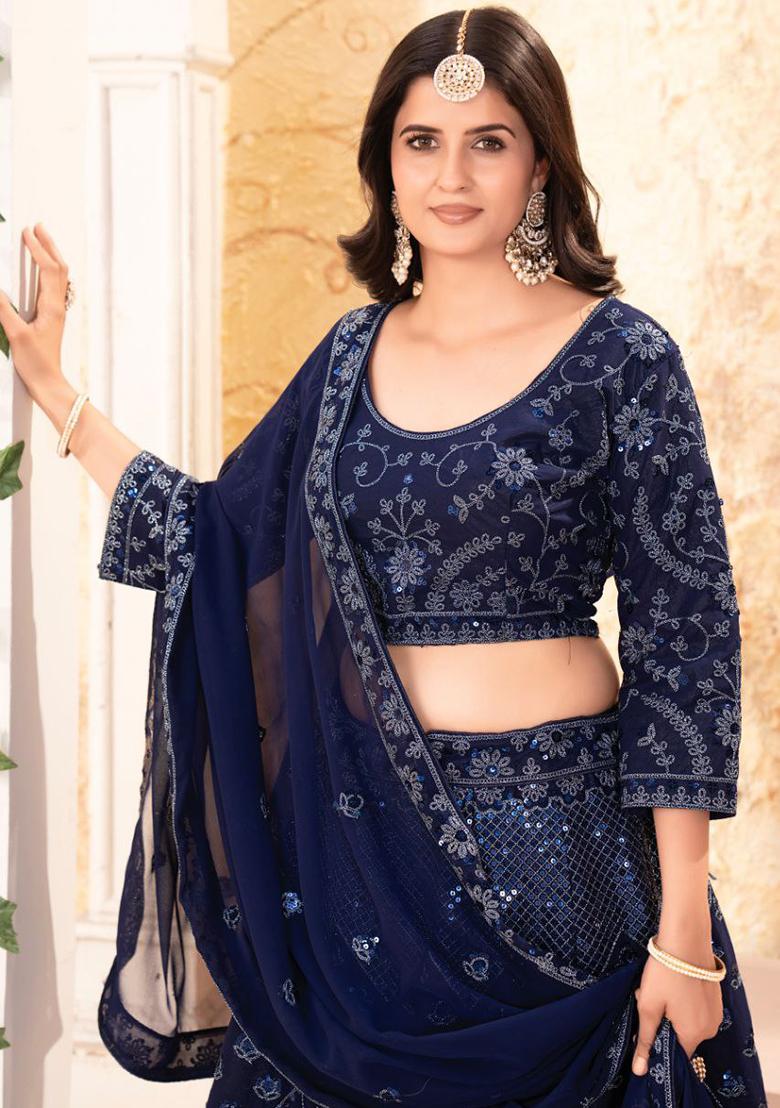 Blue Embroidererd Georgette Lehenga Set With Dupatta