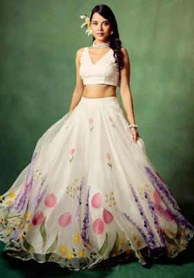 White Floral Print Silk Lehenga Set With Dupatta