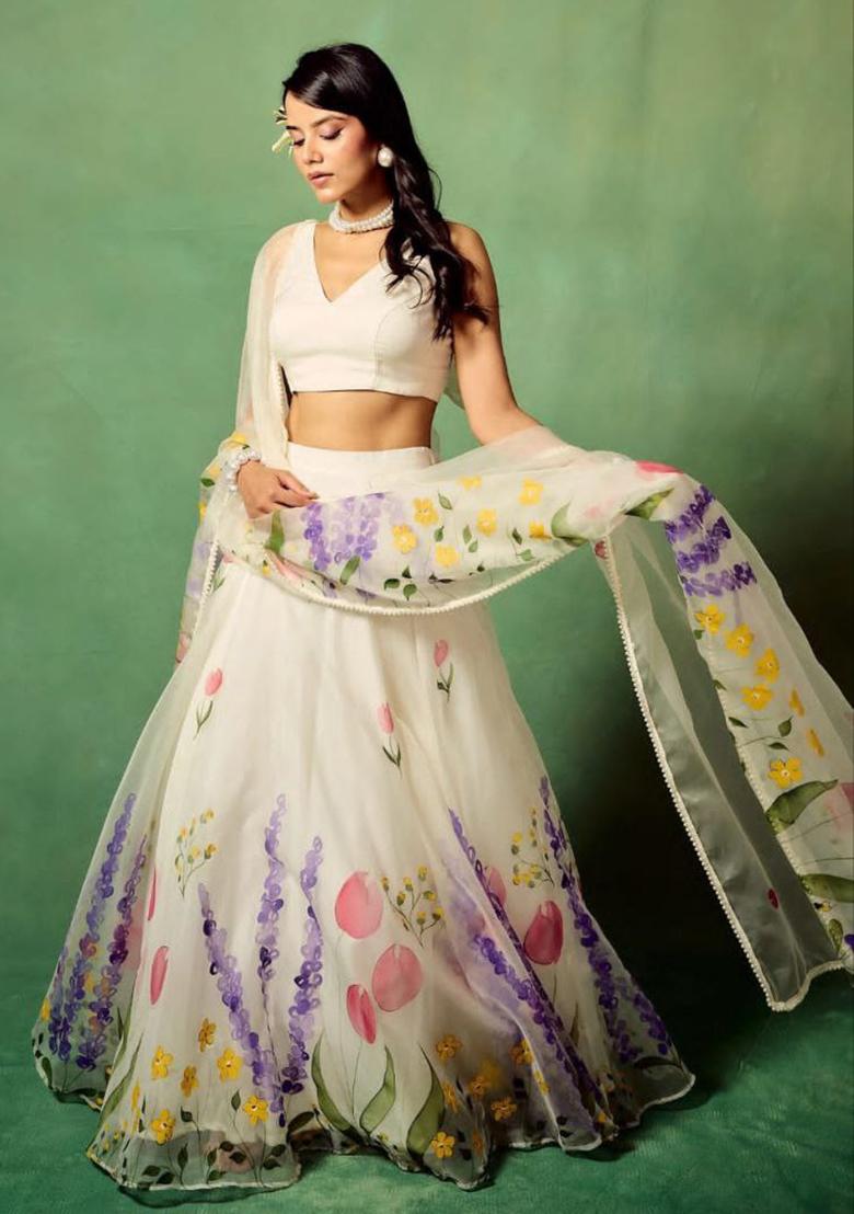 White Floral Print Silk Lehenga Set With Dupatta
