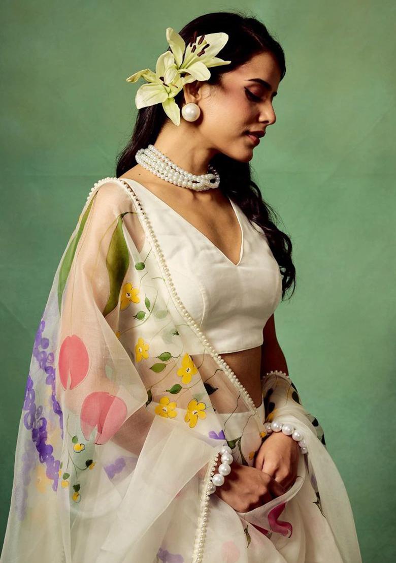 White Floral Print Silk Lehenga Set With Dupatta