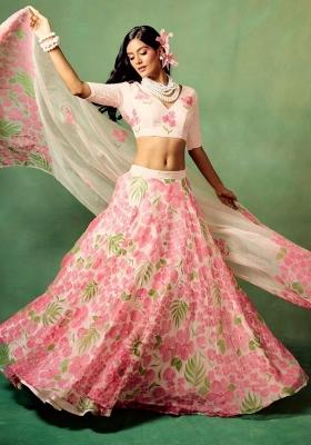Pink Embroidererd Silk Lehenga Set With Dupatta
