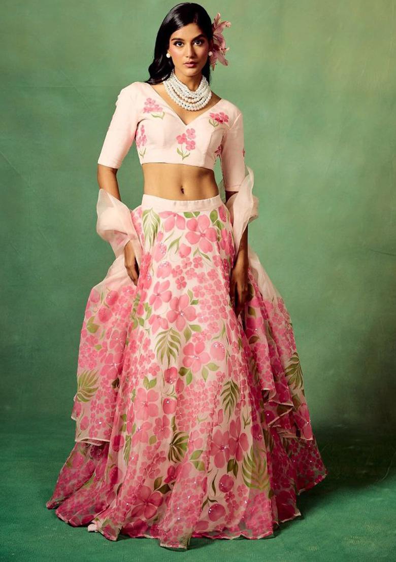 Pink Embroidererd Silk Lehenga Set With Dupatta