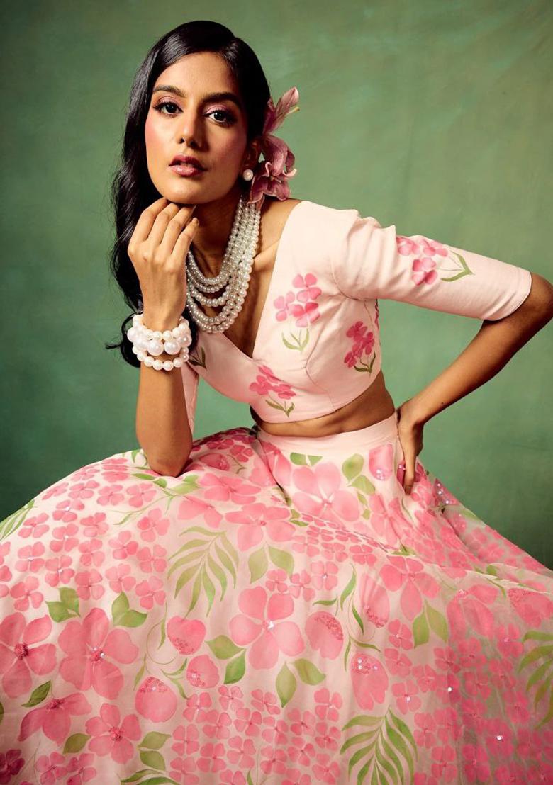 Pink Embroidererd Silk Lehenga Set With Dupatta