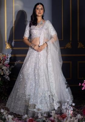 White Embroidererd Georgette Lehenga Set With Dupatta