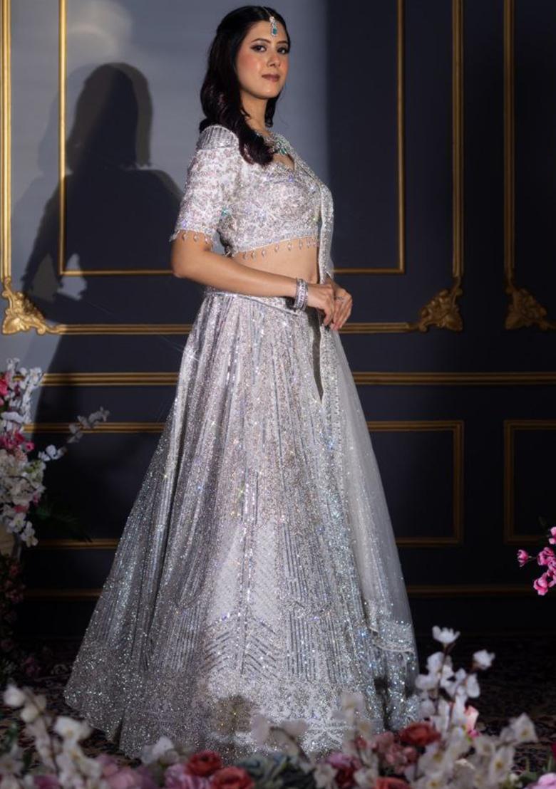 White Embroidererd Georgette Lehenga Set With Dupatta