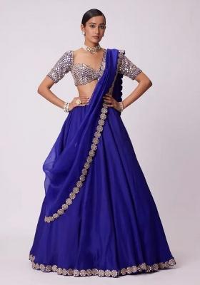 Blue Foil Mirror Work Georgette Lehenga Set With Dupatta