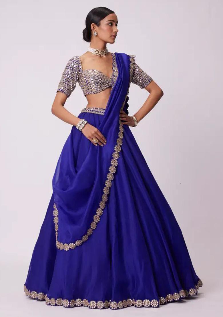 Blue Foil Mirror Work Georgette Lehenga Set With Dupatta