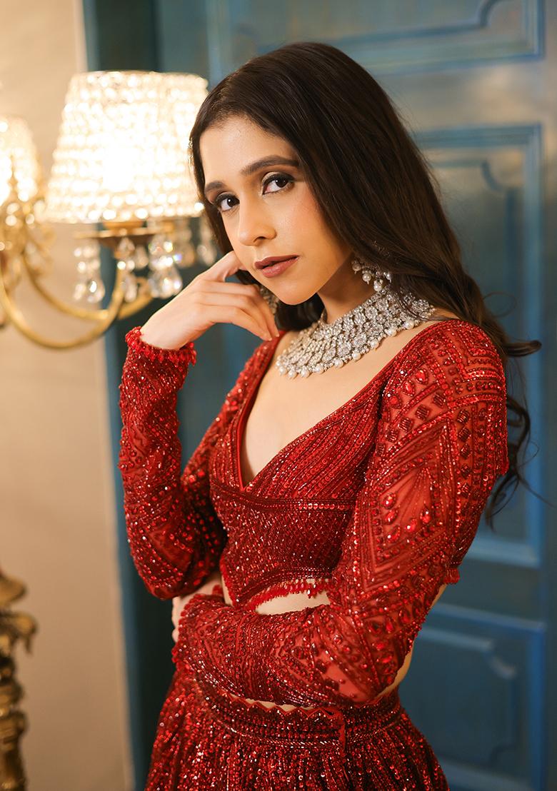 Red Embroidererd Georgette Lehenga Set With Dupatta