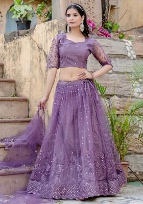 Lavender Embroidererd Silk Lehenga Set With Dupatta