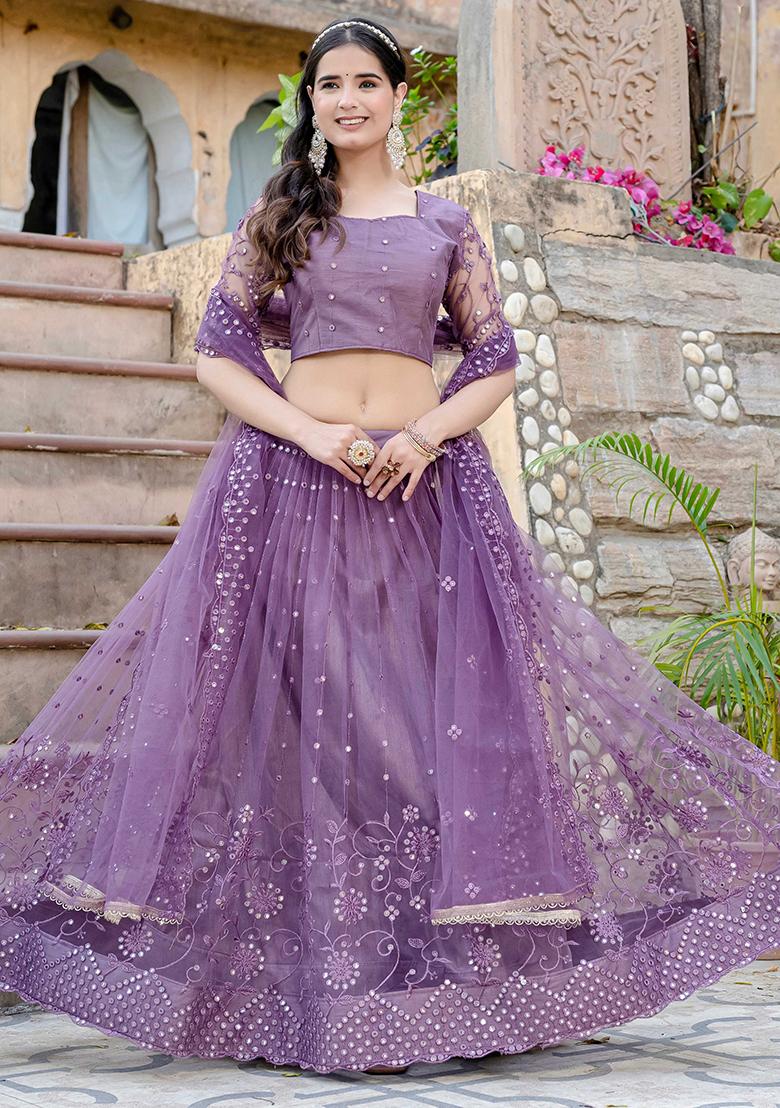 Lavender Embroidererd Silk Lehenga Set With Dupatta