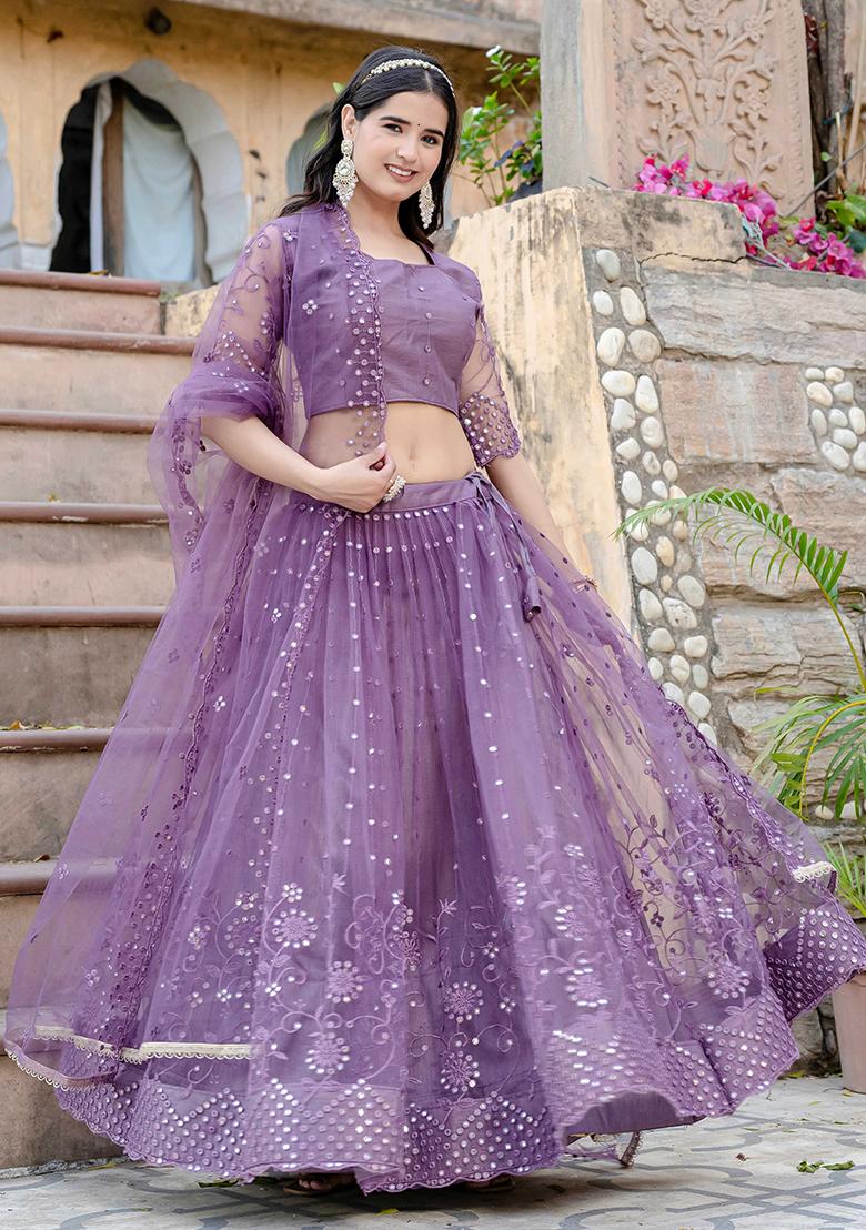 Lavender Embroidererd Silk Lehenga Set With Dupatta